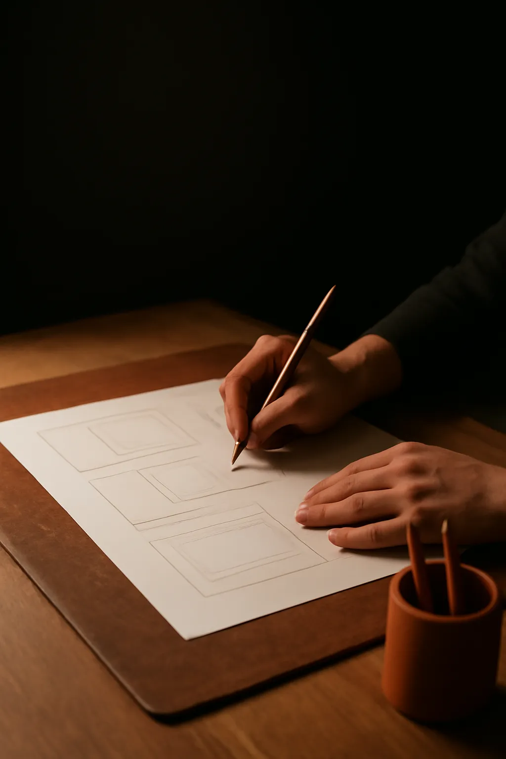 Le mani di una designer che schizzano griglie di layout astratte su carta a una scrivania da studio illuminata con toni caldi, volto fuori campo.