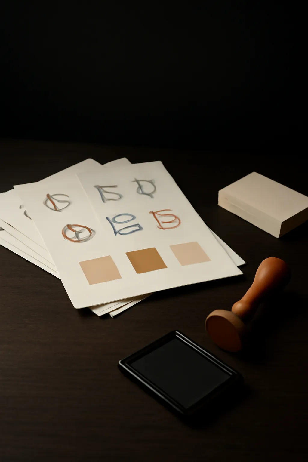 Un ventaglio di pagine stampate di brand guideline con studi astratti di marchio, biglietti da visita in bianco e un timbro a ceralacca color terracotta.