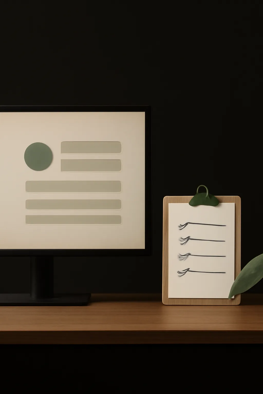 Una scrivania da studio ordinata con un monitor che mostra una dashboard astratta di stato e una checklist stampata su una lavagnetta, con accento verde salvia.