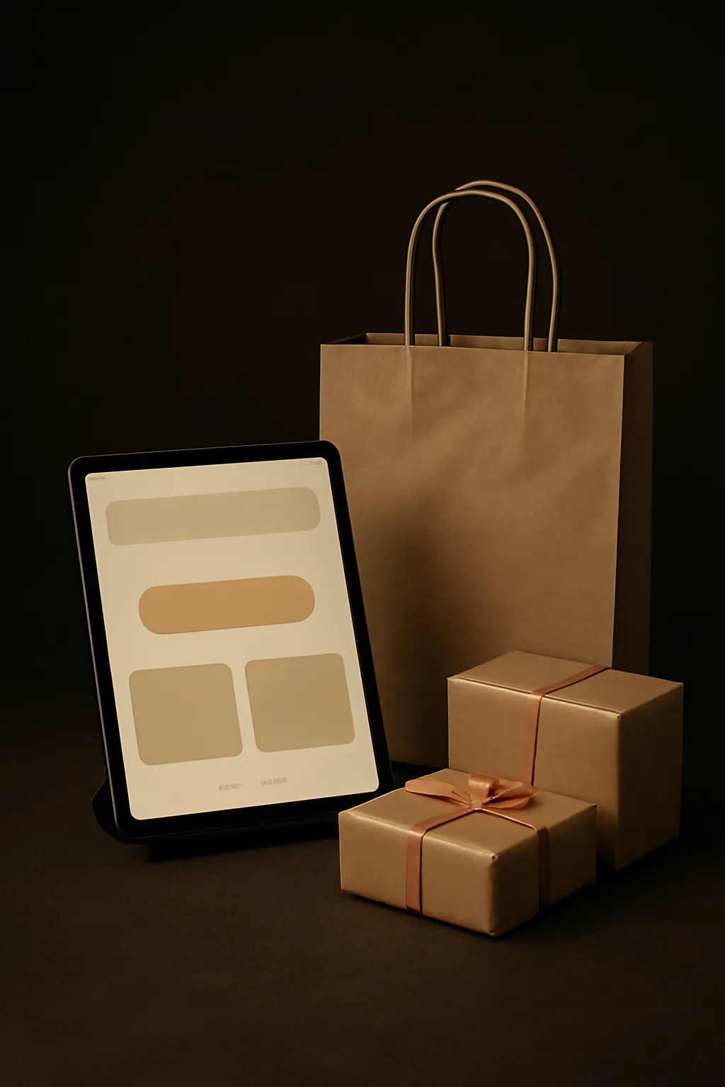 Un tablet che mostra una schermata astratta del flusso di checkout accanto a scatole prodotto in carta kraft legate con un nastro color terracotta.