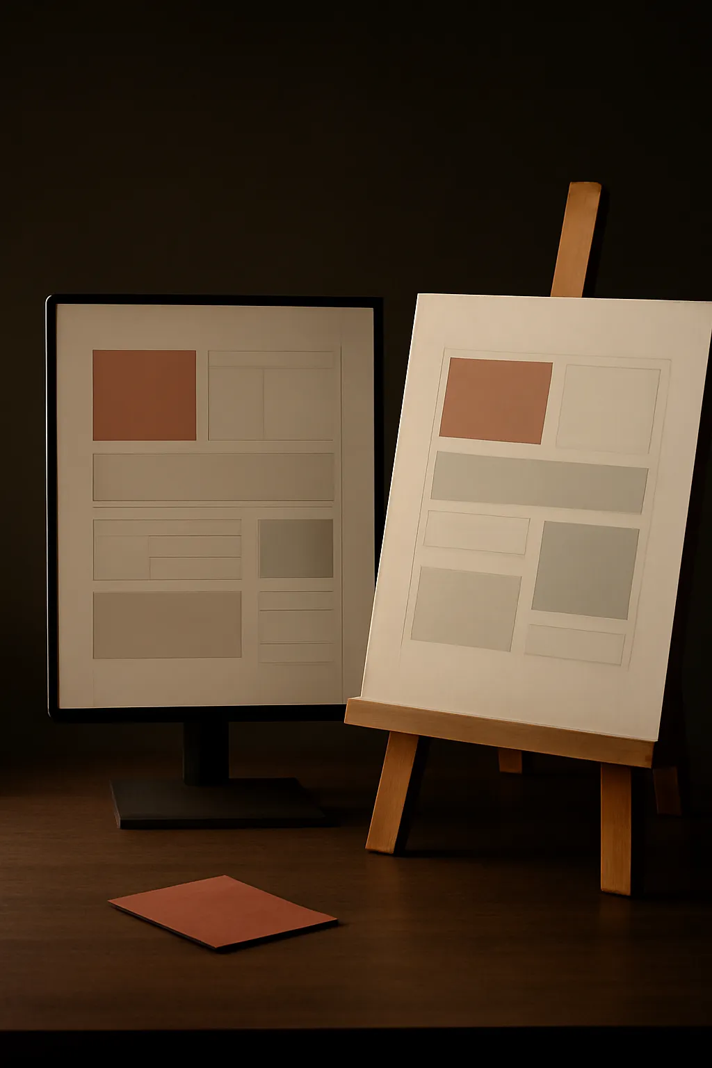 Un monitor da studio e una bozza stampata che mostrano un layout astratto e pulito di un sito vetrina, con una campionatura color terracotta in primo piano.