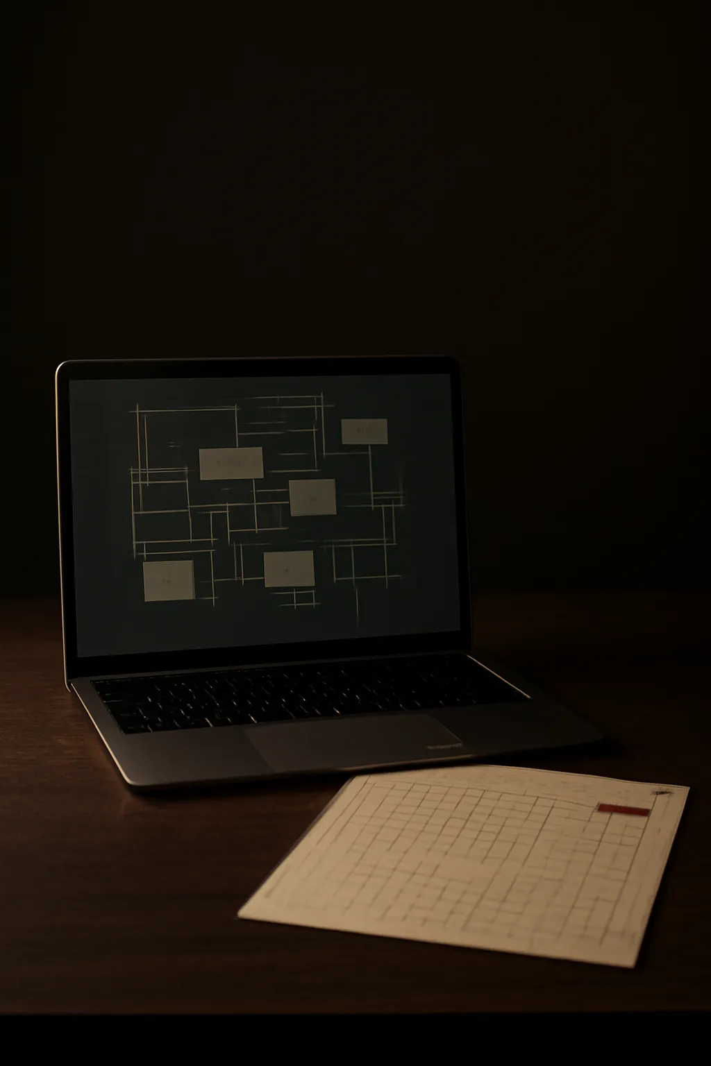 Un laptop aperto che mostra un diagramma strutturale astratto accanto a un foglio tecnico stampato con una piccola etichetta color terracotta.