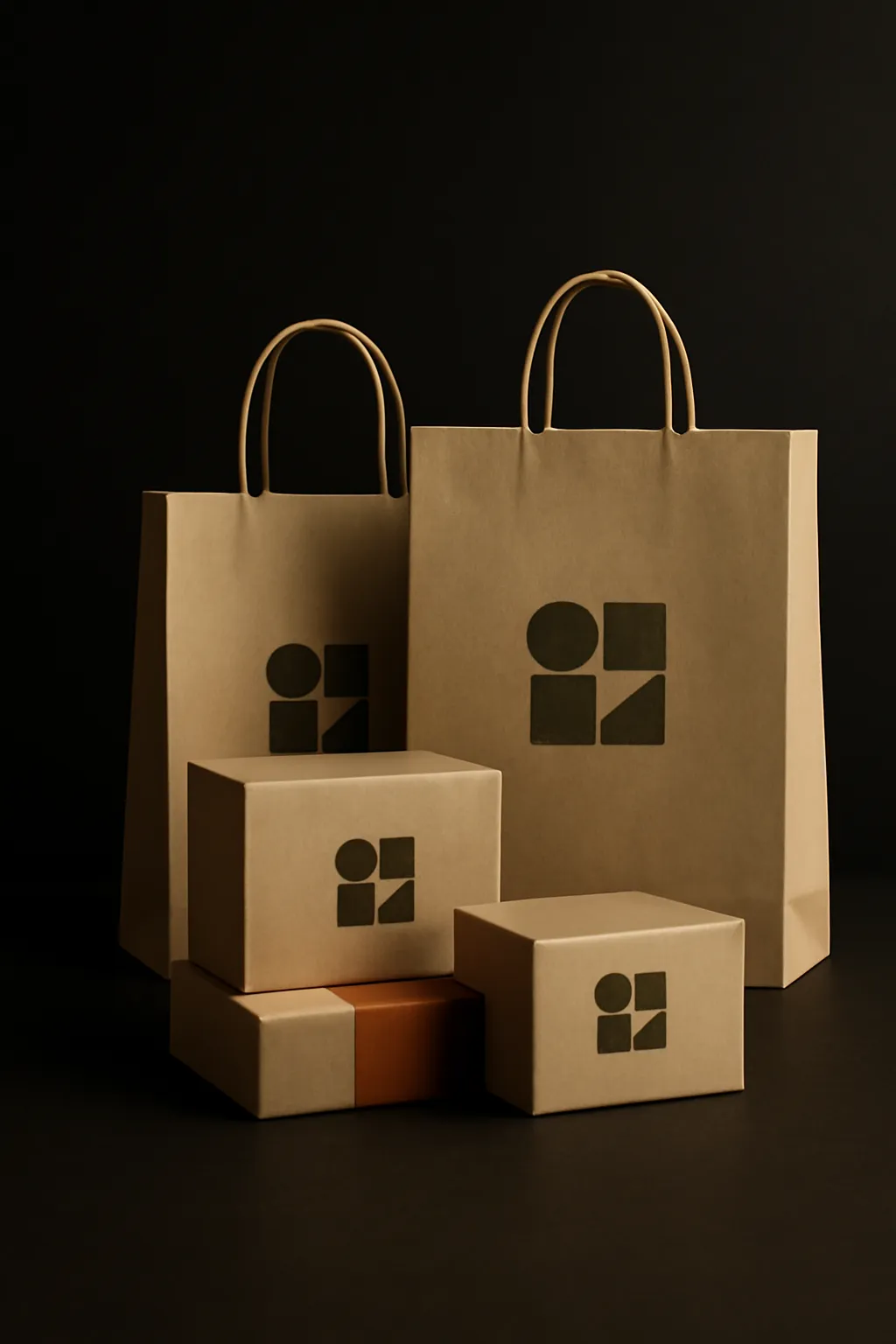 Scatole e sacchetti di carta senza marchio con un unico simbolo geometrico astratto ripetuto, legati con un nastro color terracotta.