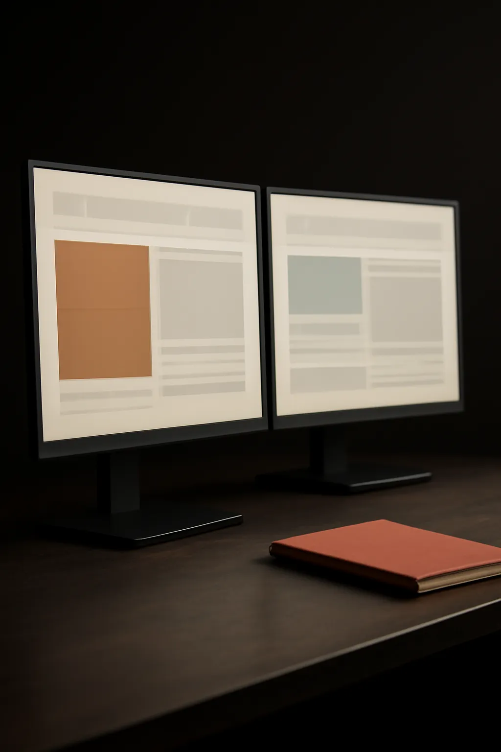 Due monitor da studio che mostrano un layout astratto di sito web incentrato sui contenuti, accanto a un quaderno chiuso color terracotta.