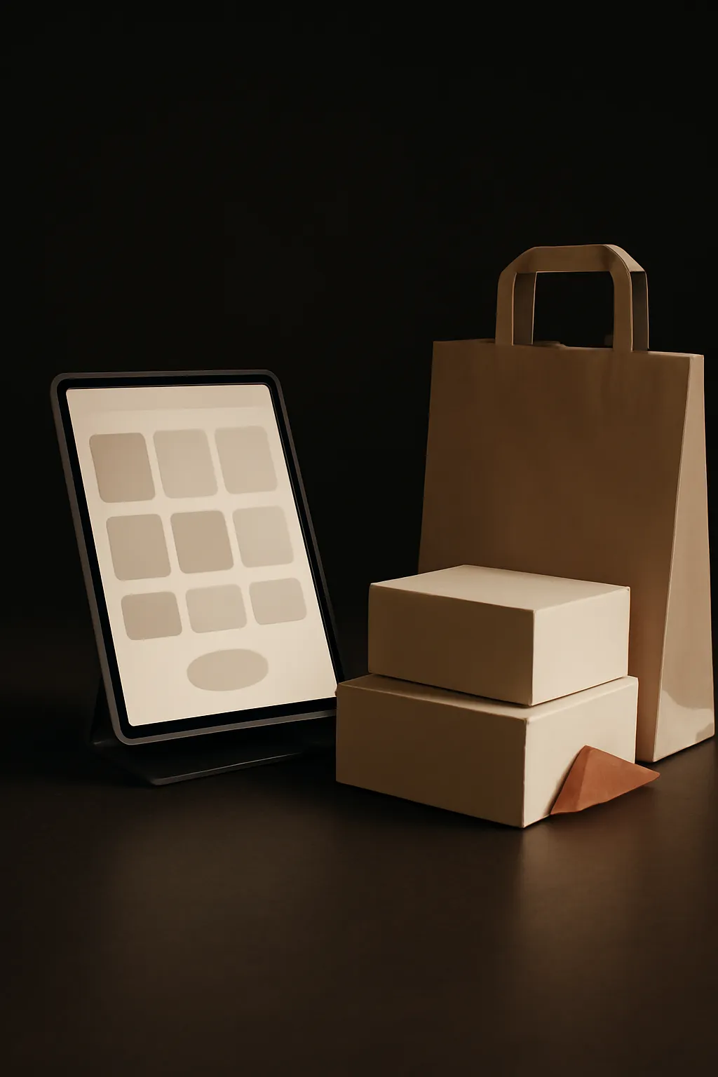 Un tablet che mostra una schermata astratta di negozio online accanto a scatole prodotto senza marchio con un accento di carta velina color terracotta.
