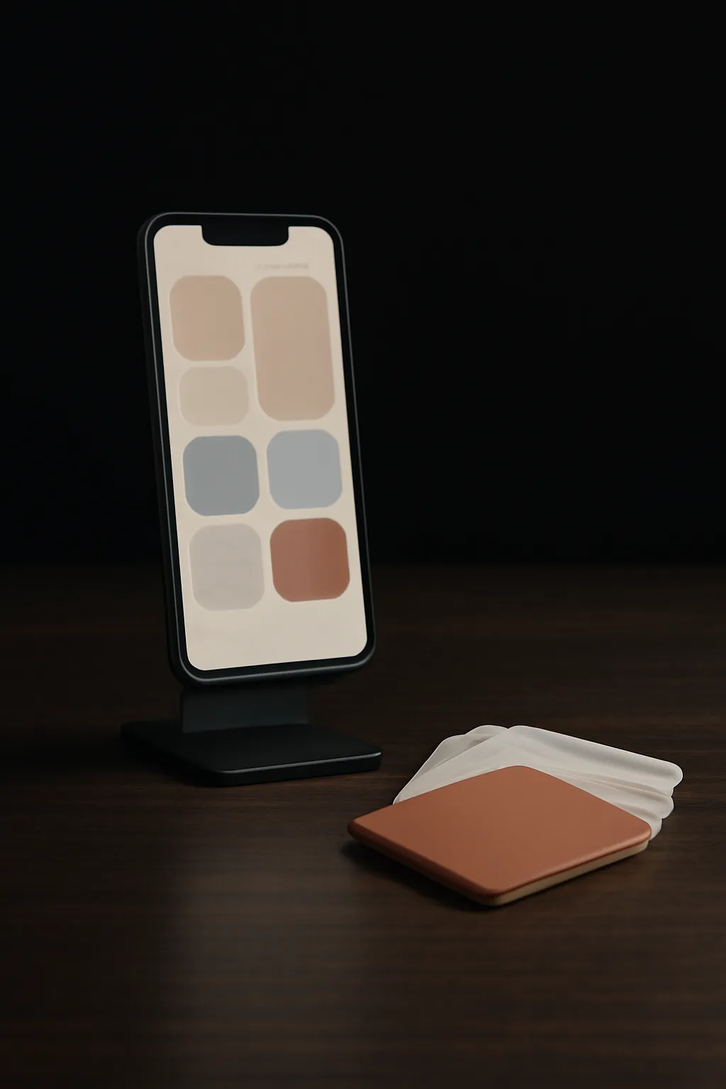 Uno smartphone su supporto che mostra un layout astratto di interfaccia app accanto a una pila di schede UI stampate, una color terracotta.