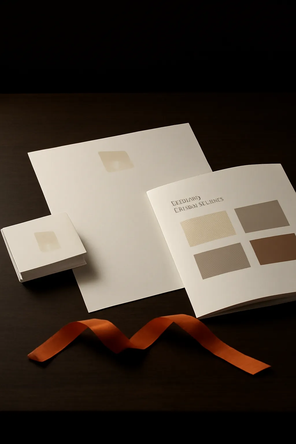 Biglietti da visita, un foglio intestato e un manuale di identità visiva aperto con campioni di colore tenui, con un accento di nastro color terracotta.